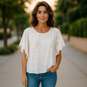 Elle White Floral Blouse Women’s Size Small Butterfly Sleeves
